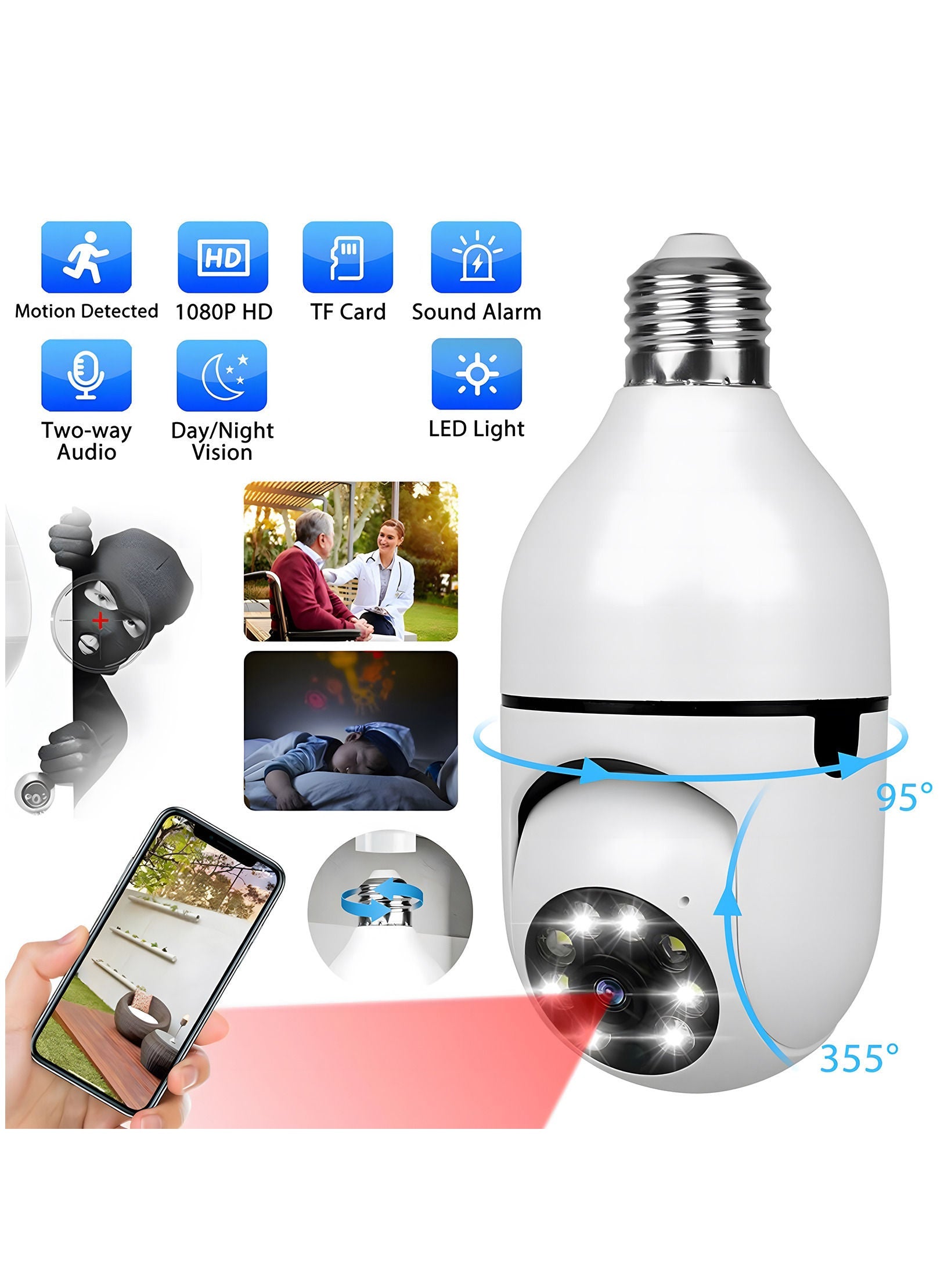 Light Bulb Security Camera 360 Degree Pan Tilt Panoramic IP Camera 2.4GHz WiFi 1080P Smart Home Surveillance Cam with Motion Detection Alarm Night Vision Two Way Talk Indoor E27 Light Bulb Security Camera 360 Degree Pan Tilt Panoramic IP Camera 2.4GHz WiFi 1080P Smart Home Surveillance Cam with Motion Detection Alarm Night Vision Two Way Talk Indoor E27
